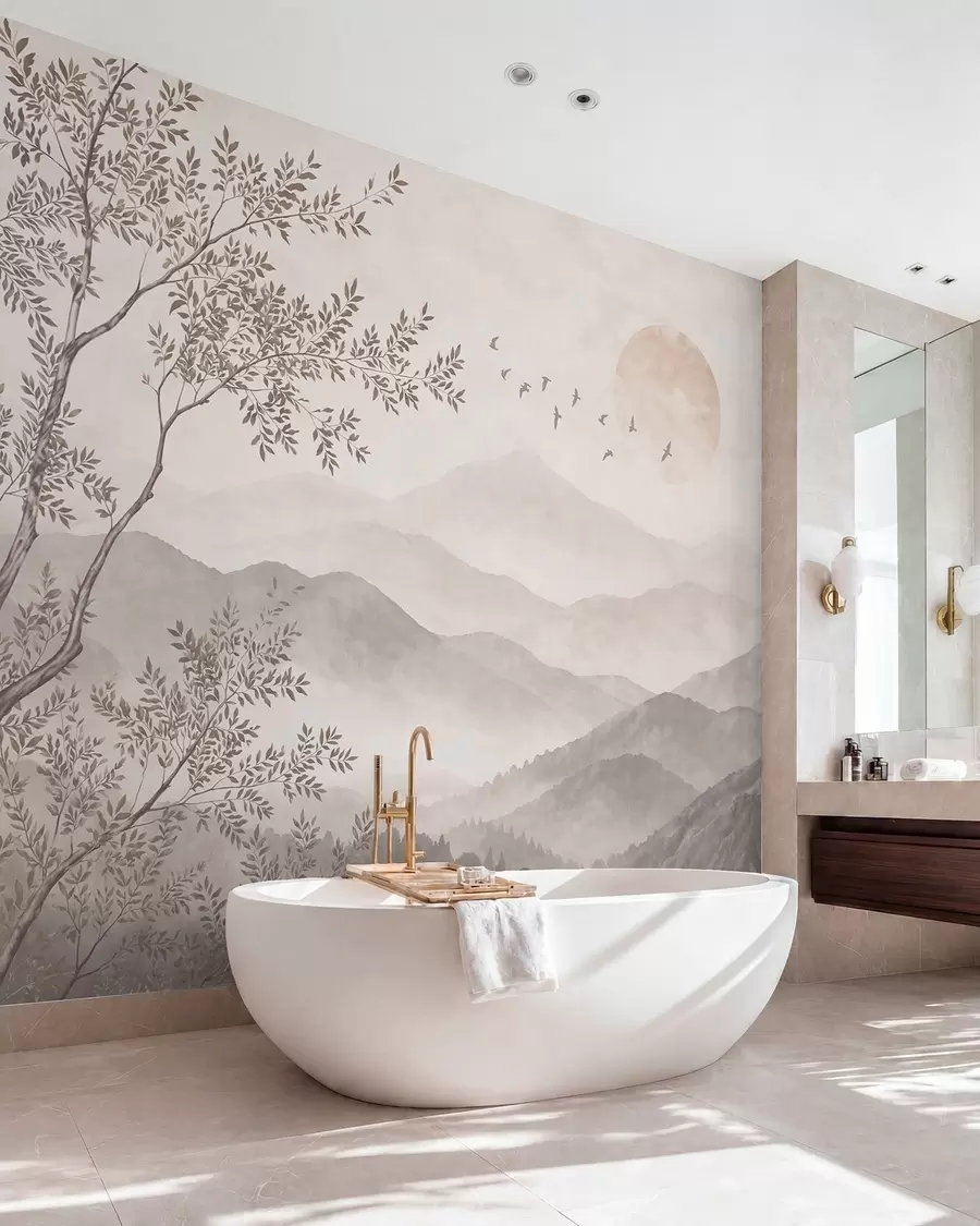 murales de pared Montañas brumosas con un árbol, pájaros y el sol w05924v1
