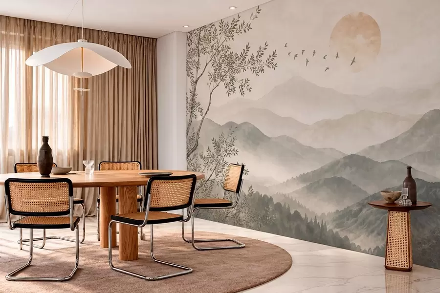murales de pared Paisaje de montaña con un árbol, pájaros y el sol w05924