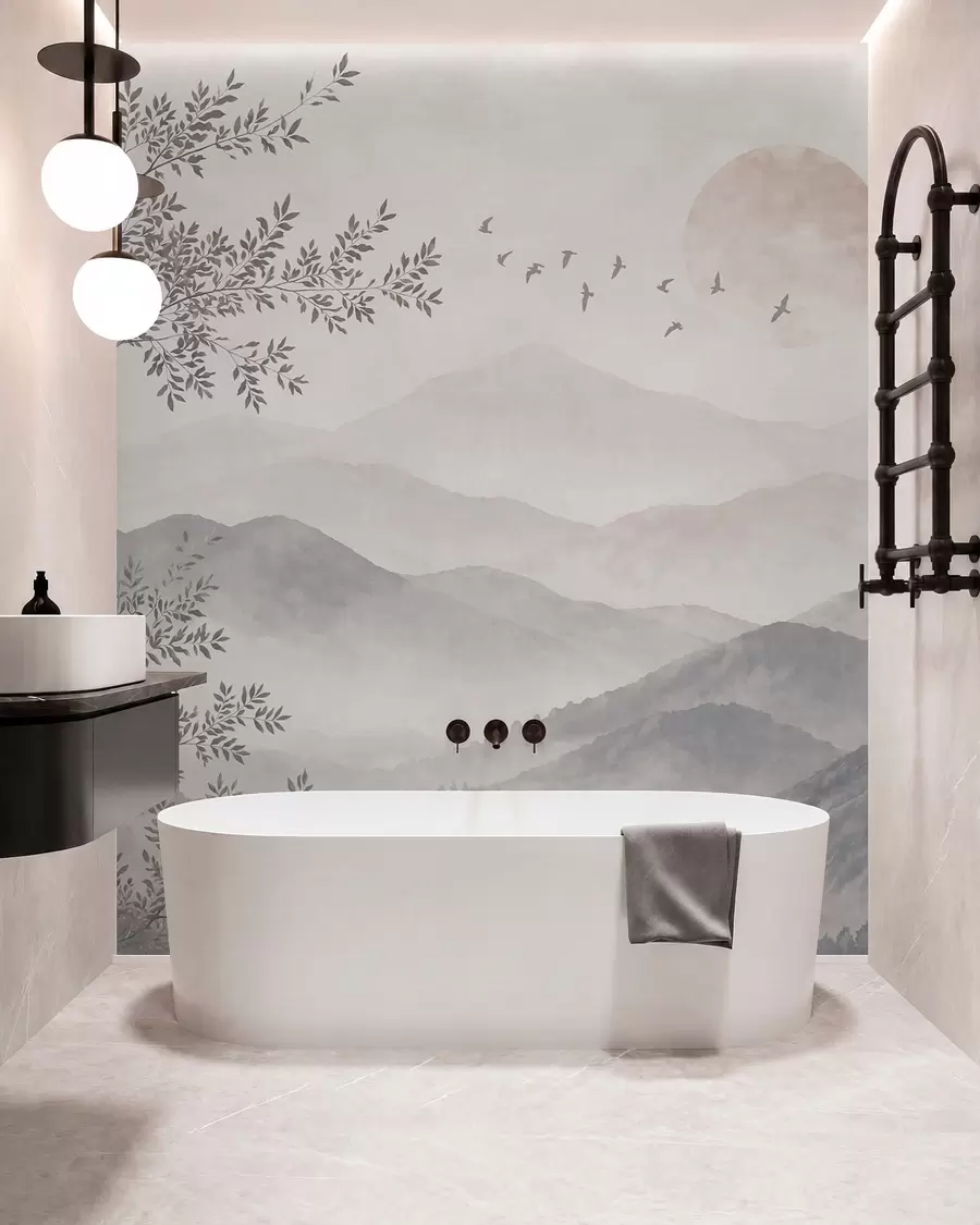 murales de pared Paisaje montañoso de tonos pálidos con un árbol y pájaros w05924v2
