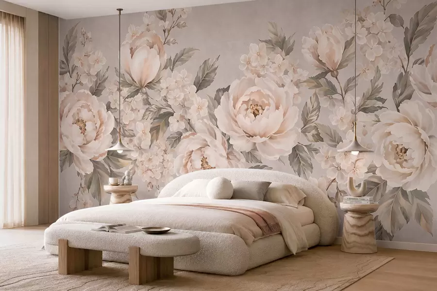 murales de pared Delicadas flores de color crema y hojas verdes en una gama de tonos pastel w05926