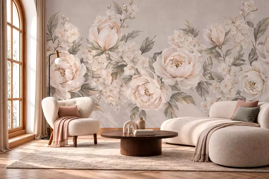murales de pared Delicadas flores de color crema y hojas verdes en una gama de tonos pastel w05926