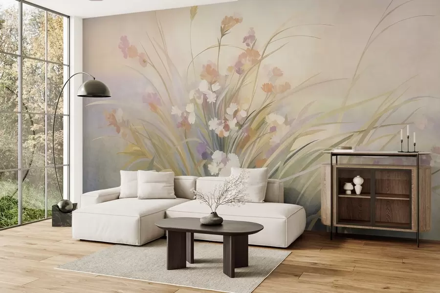 murales de pared Hierba alta y flores silvestres en suaves tonos pastel, obra de arte con textura w10062