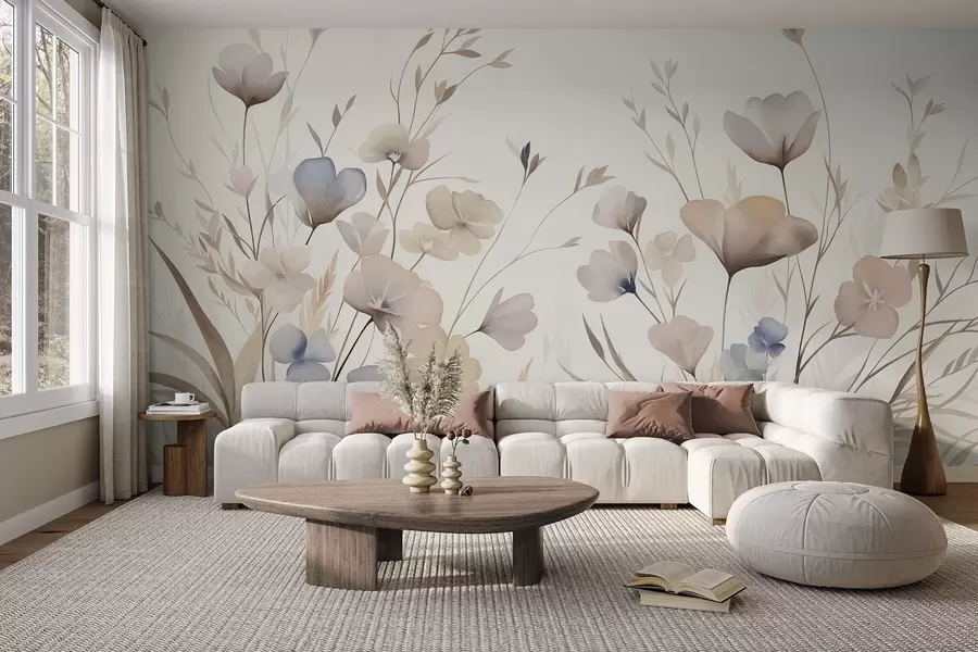 murales de pared Delicadas flores silvestres en tonos pastel de azul, rosa y beige, con hierba alta w10065