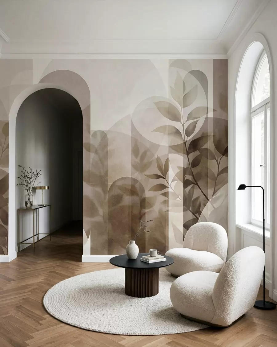 murales de pared Elementos geométricos abstractos y delicadas hojas en tonos apagados de marrón y beige w10088
