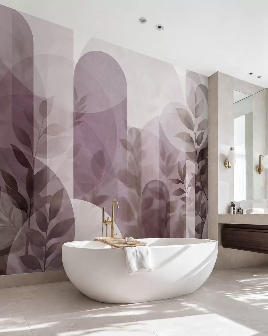 murales de pared Elementos geométricos abstractos y delicadas hojas en tonos rosas apagados w10088v2