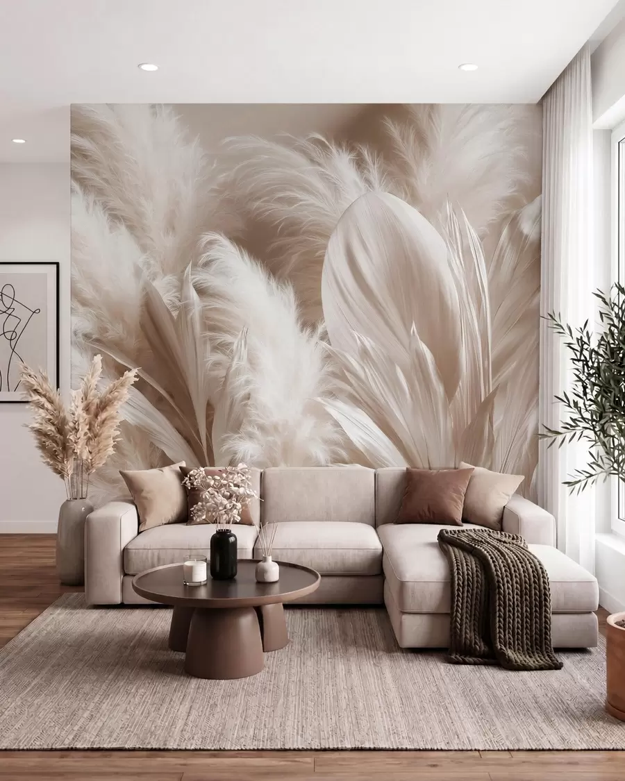 murales de pared Delicada composición de esponjosa hierba de la pampa y grandes hojas botánicas de tonos claros, en una paleta de colores crema y beige w10034