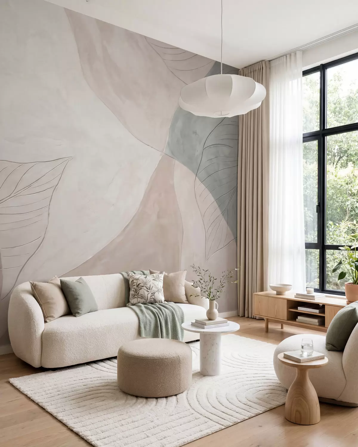 murales de pared Composición botánica abstracta con hojas grandes y formas orgánicas en tonos beige, crema y verde w10070