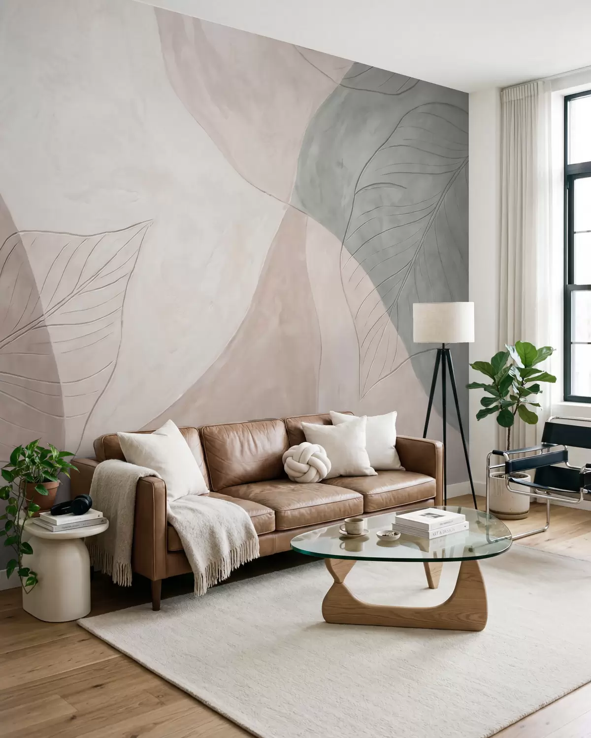 murales de pared Composición botánica abstracta con hojas grandes y formas orgánicas en tonos beige, crema y verde w10070