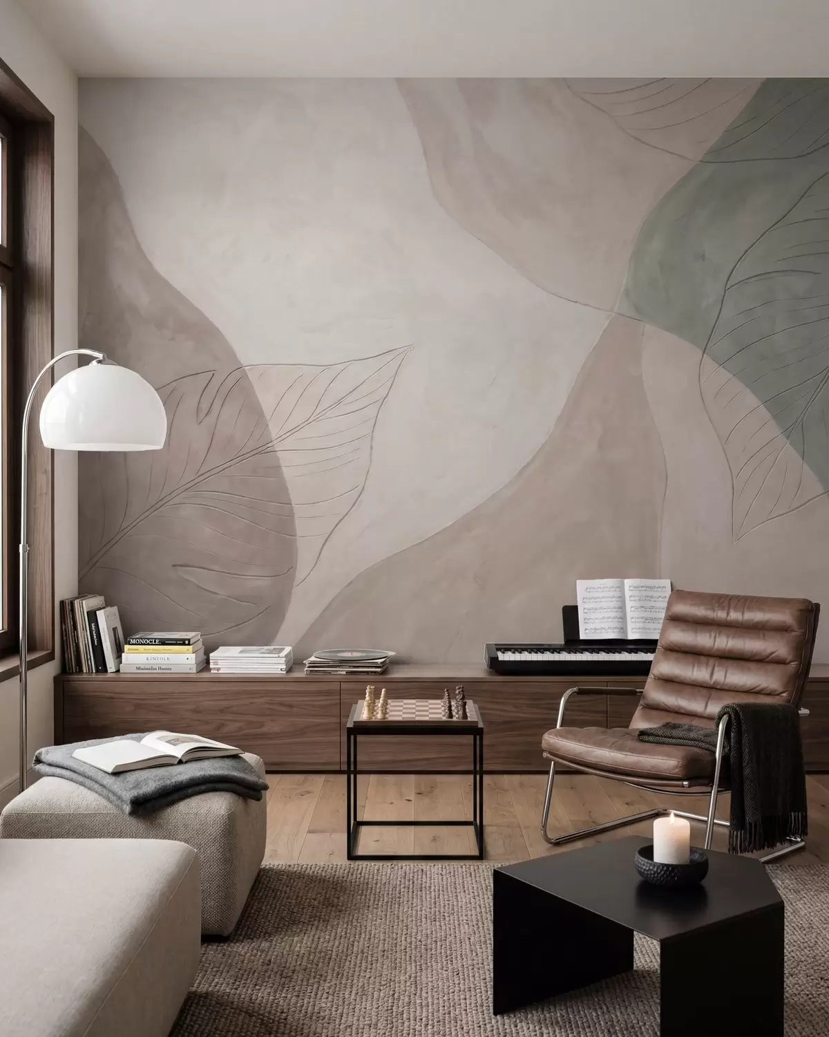 murales de pared Composición botánica abstracta con hojas grandes y formas orgánicas en tonos beige, crema y verde w10070