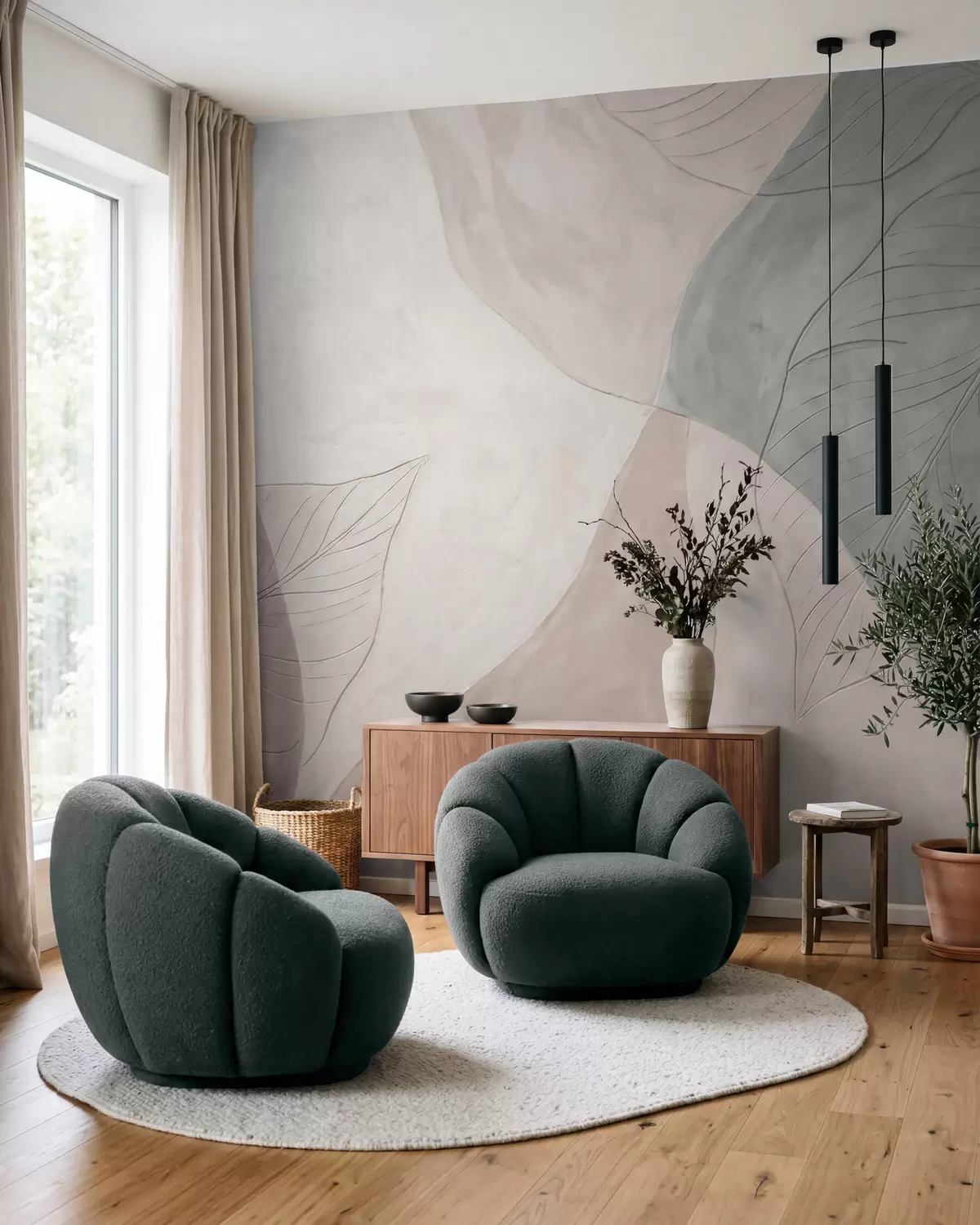murales de pared Composición botánica abstracta con hojas grandes y formas orgánicas en tonos beige, crema y verde w10070
