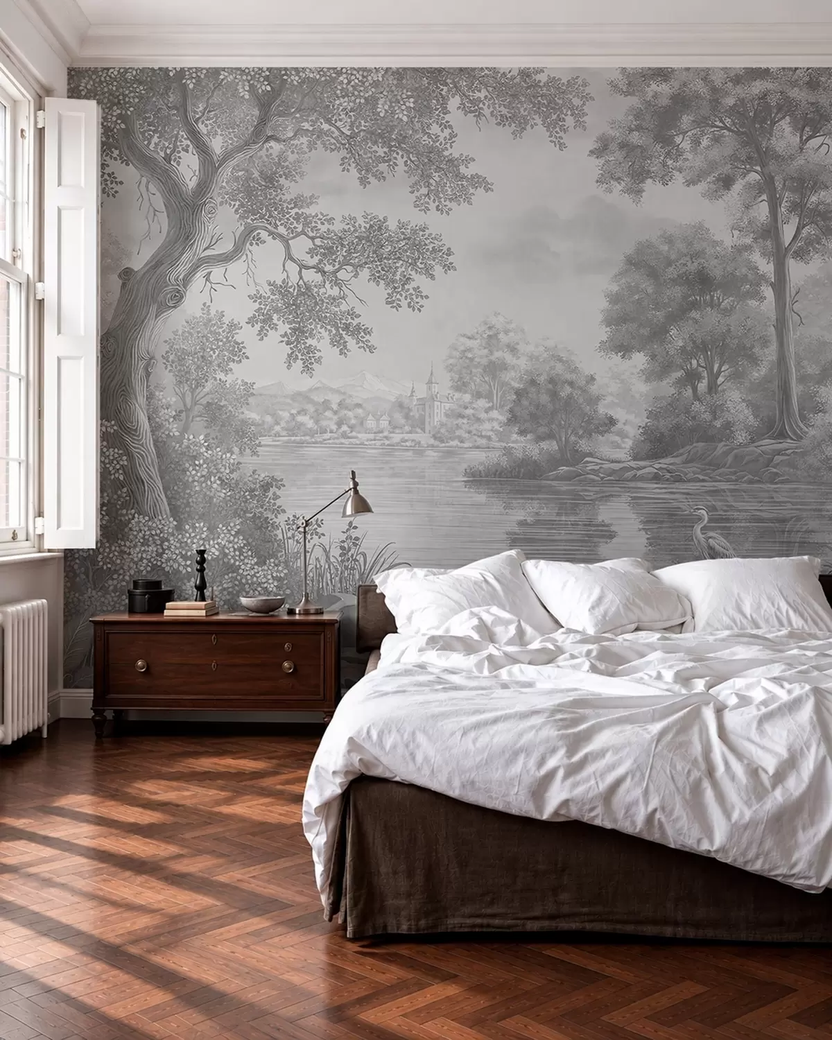 murales de pared Paisaje forestal gris con una garza junto al lago w05805v1