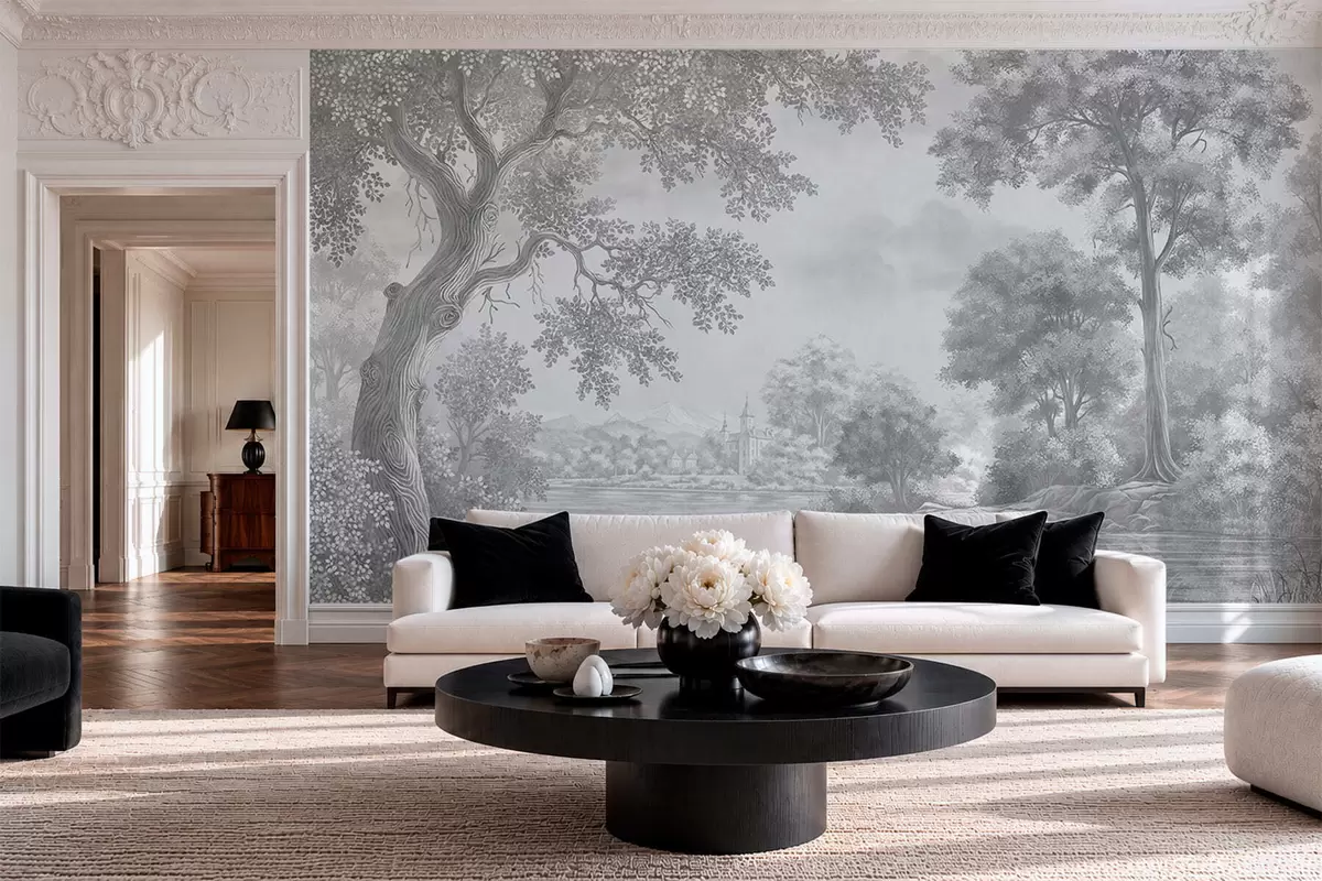 murales de pared Paisaje forestal gris con una garza junto al lago w05805v1
