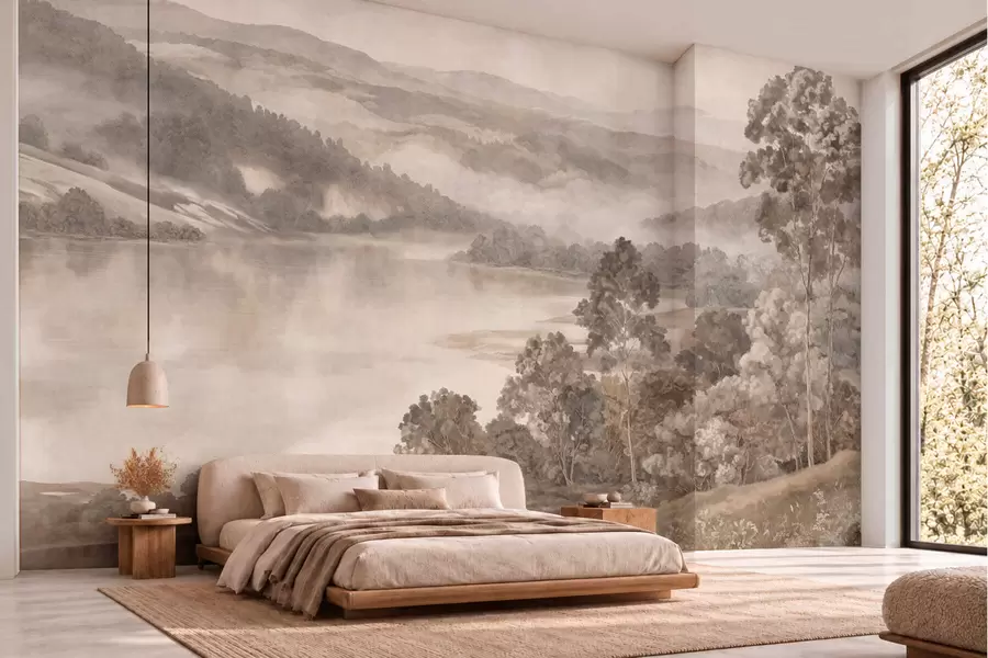 murales de pared Un lago tranquilo entre colinas y bosques envueltos en niebla w05928