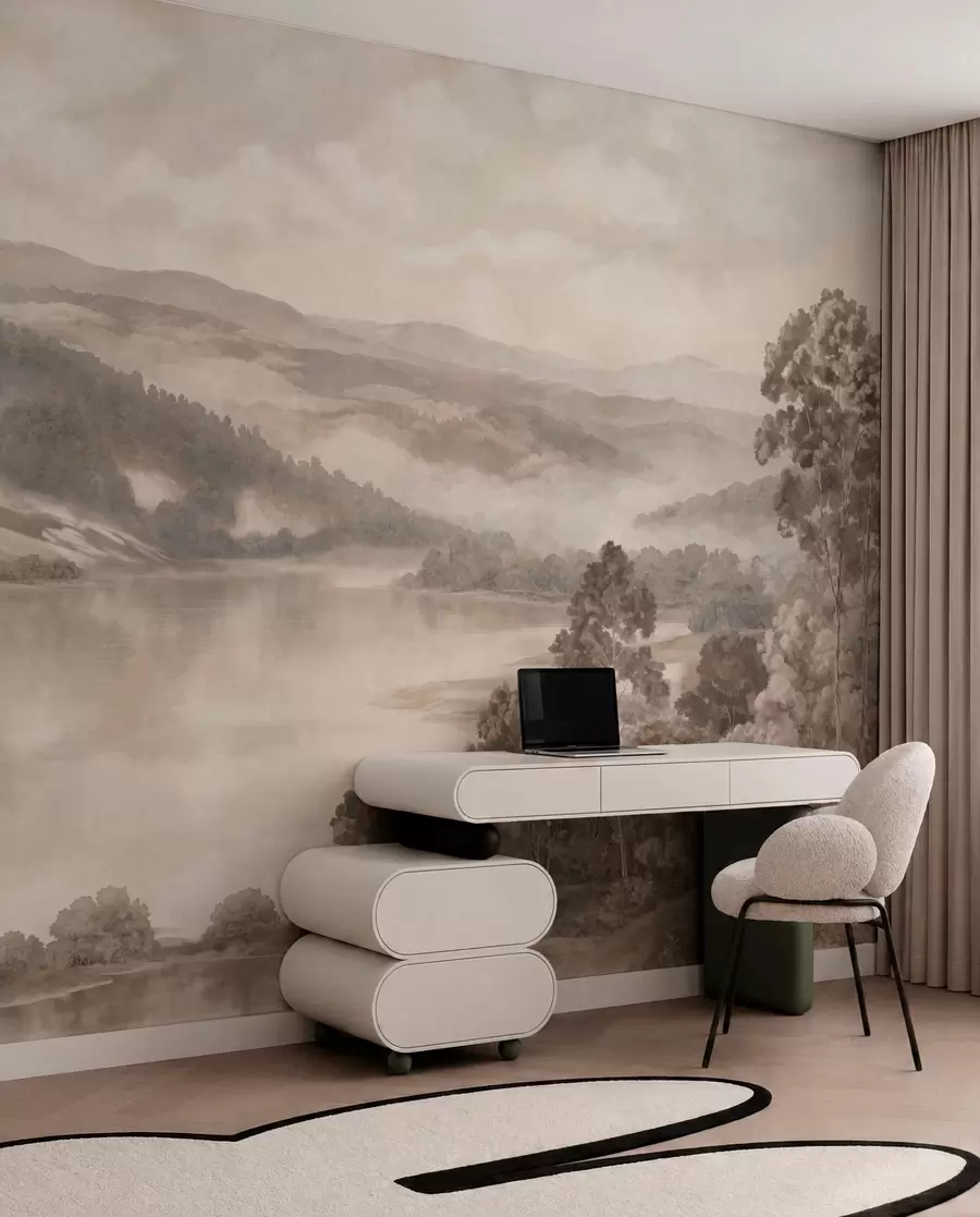 murales de pared Lago entre colinas brumosas w05928