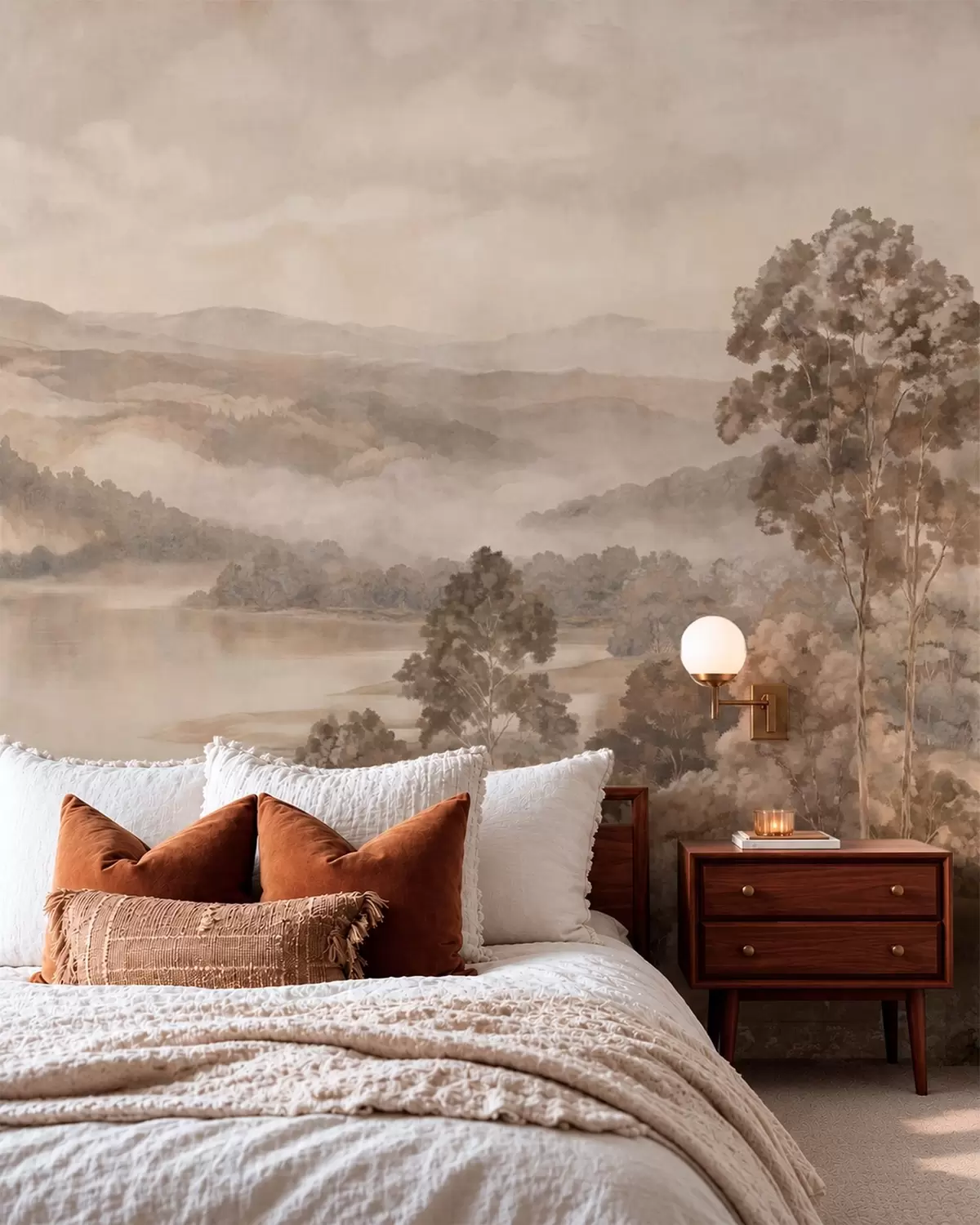 murales de pared Un lago rodeado de montañas boscosas en cálidos tonos pastel w05928v1