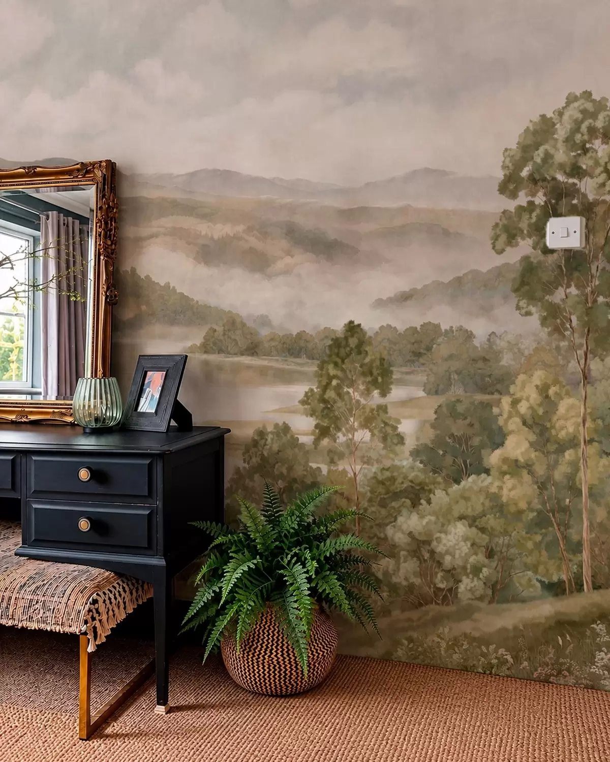murales de pared Paisaje de montaña brumoso con un lago y árboles w05928v2