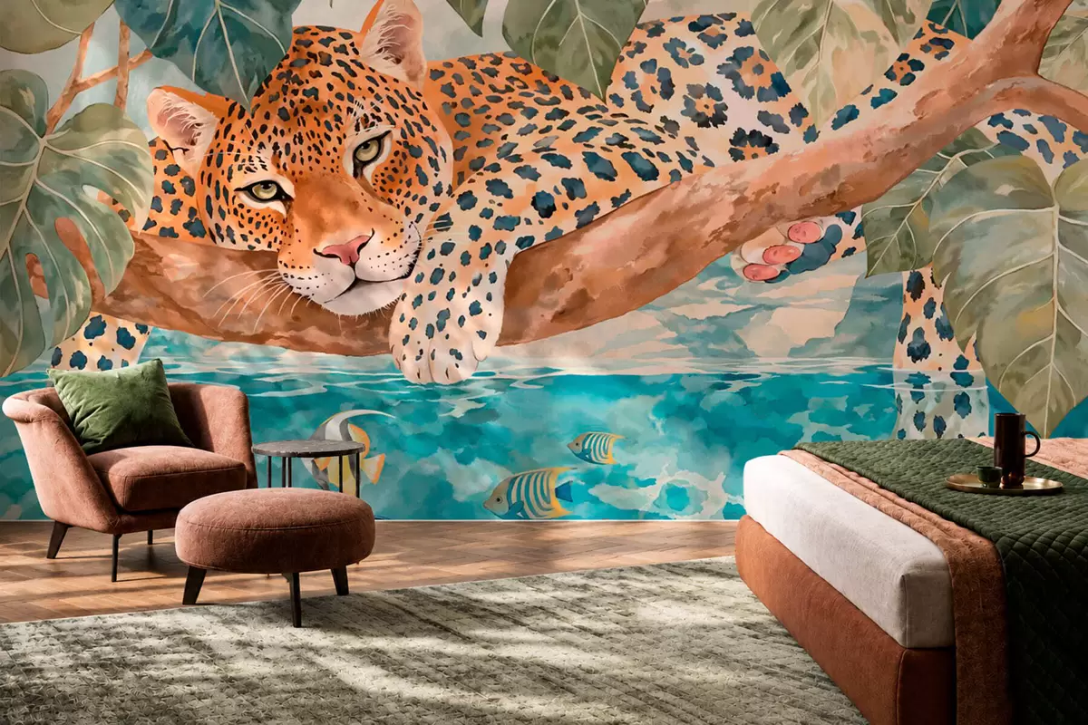 murales de pared Un leopardo en una rama sobre el agua con peces de colores w05954