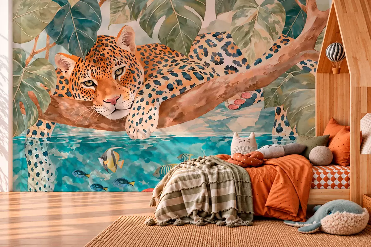 murales de pared Un leopardo en una rama sobre el agua con peces de colores w05954