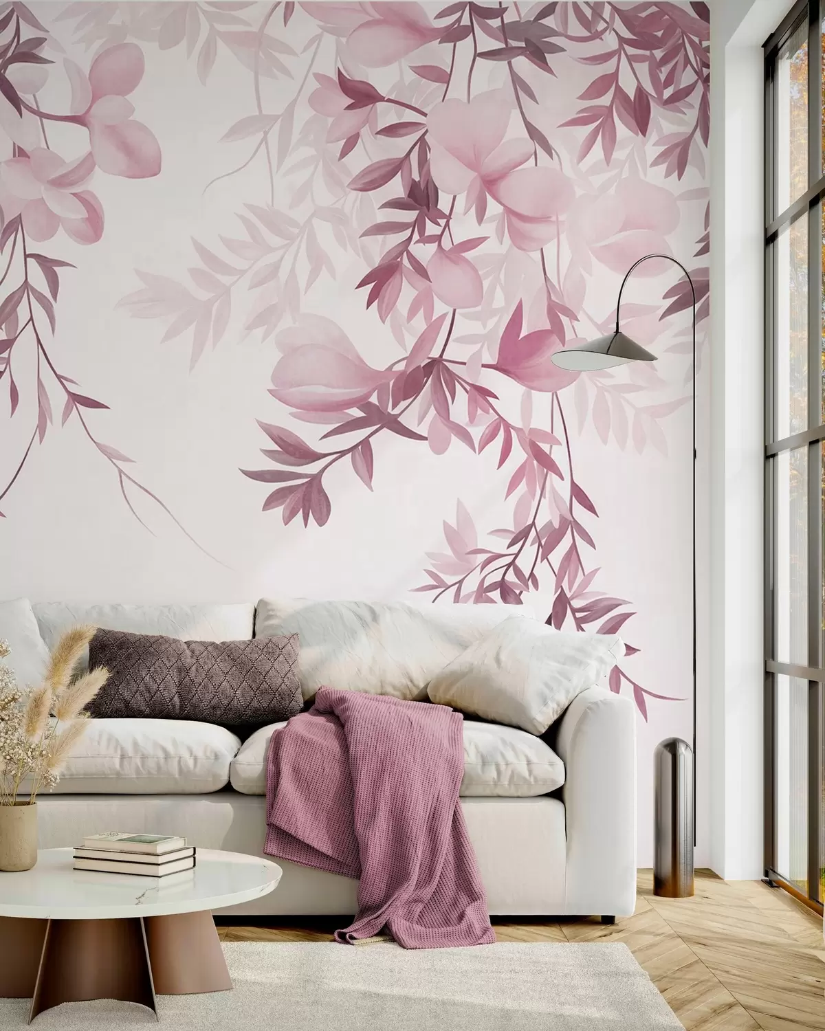 murales de pared Ramas de sauce colgantes y delicadas flores en tonos rosas apagados w10081v1