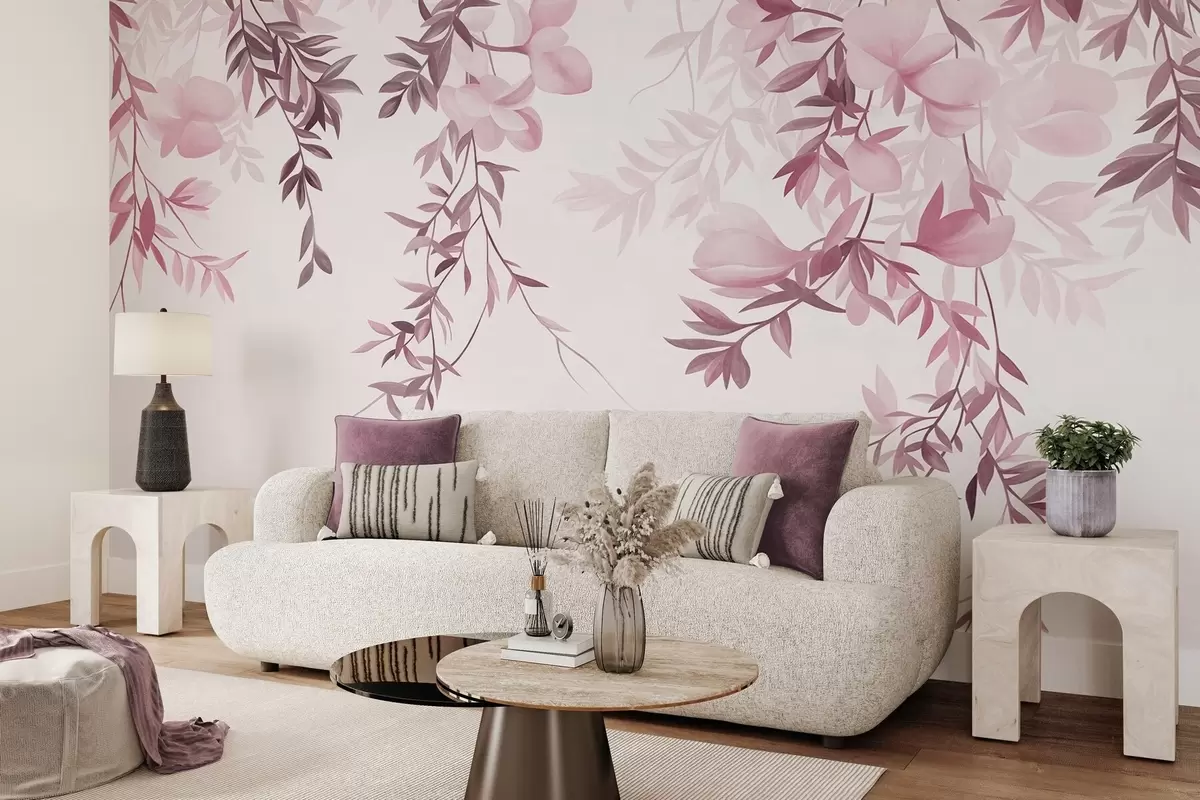 murales de pared Ramas de sauce colgantes y delicadas flores en tonos rosas apagados w10081v1