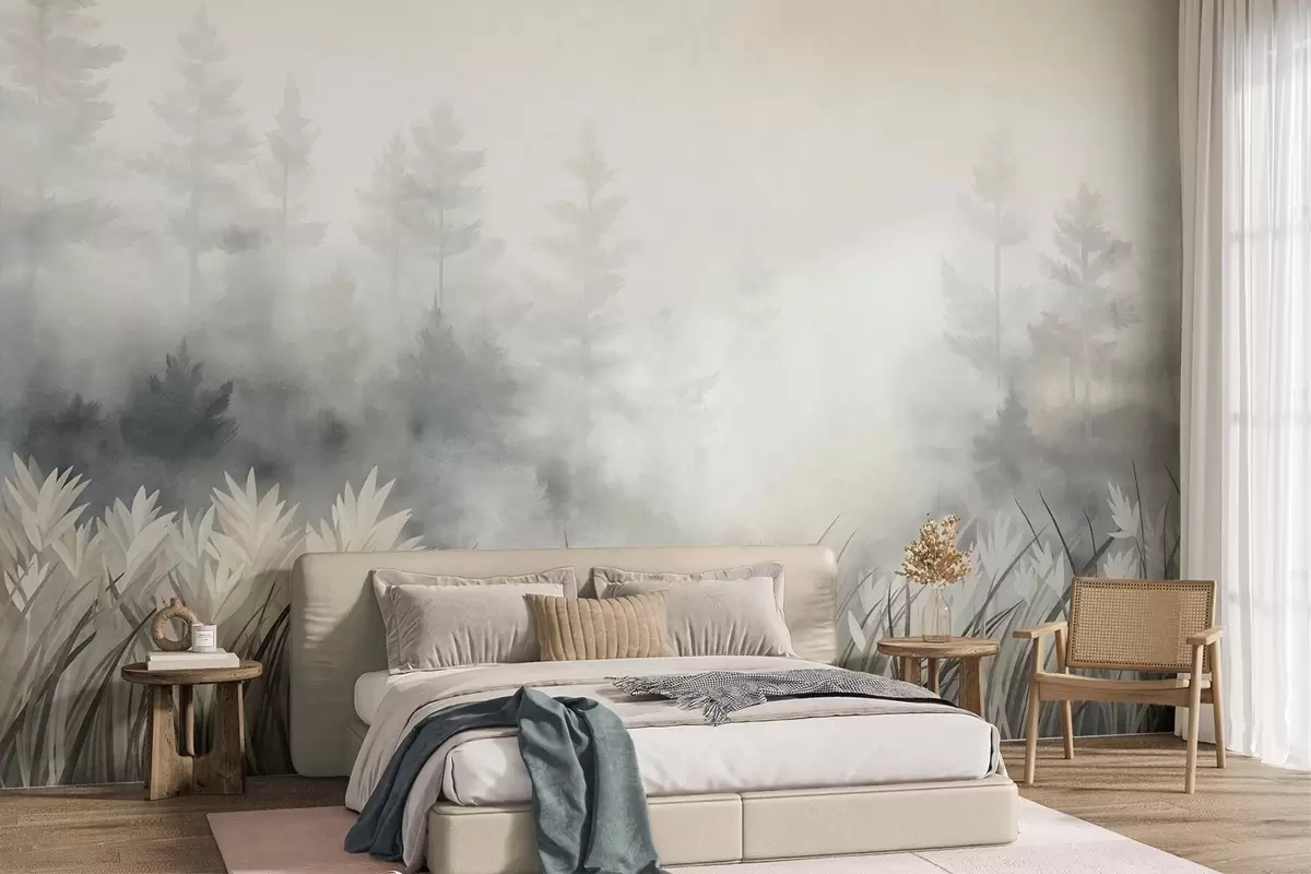 murales de pared Paisaje con hierba alta silvestre y un bosque de pinos, en un estilo minimalista con textura w10082