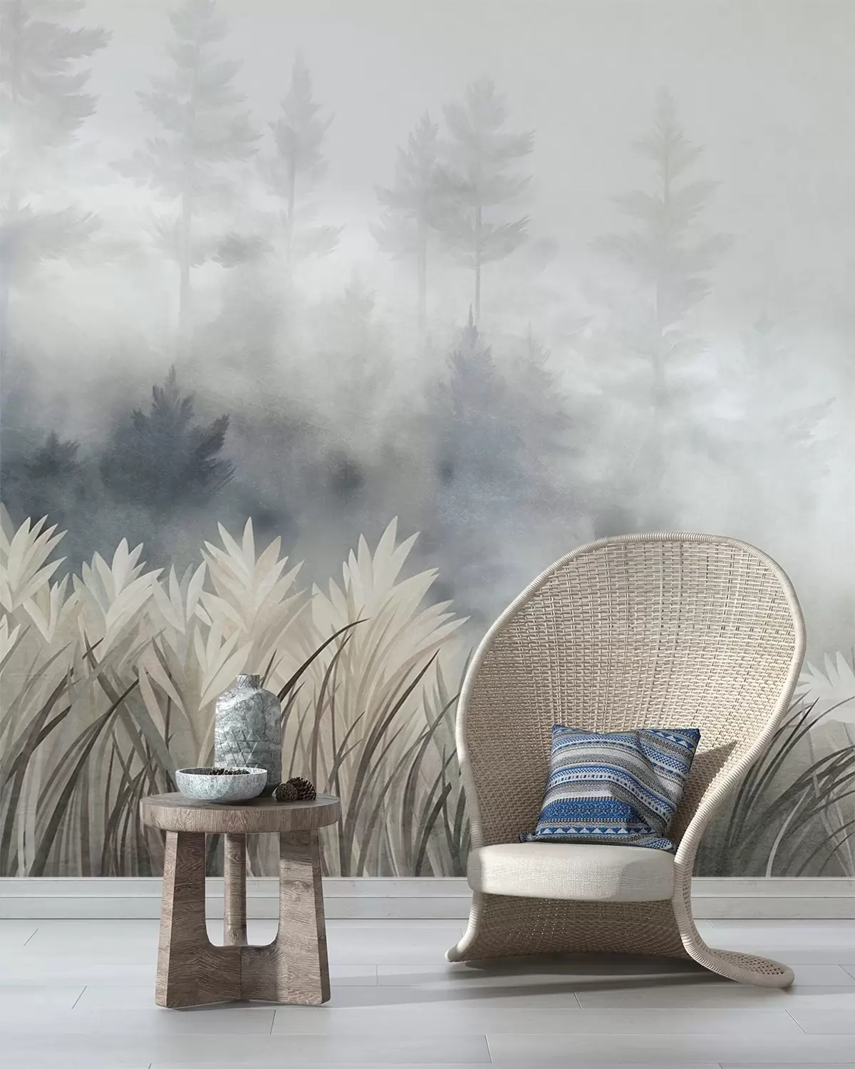 murales de pared Paisaje con hierba alta silvestre y un bosque de pinos, en un estilo minimalista con textura w10082