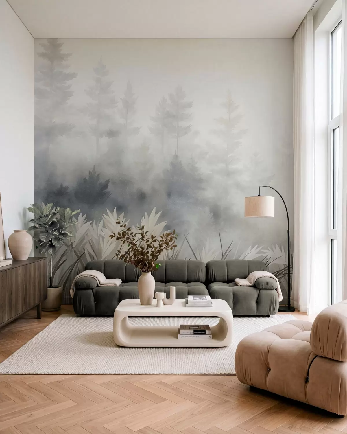 murales de pared Paisaje con hierba alta silvestre y un bosque de pinos, en un estilo minimalista con textura w10082
