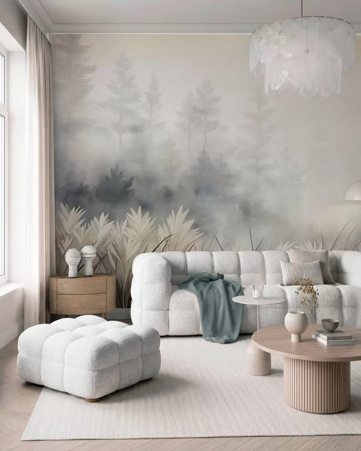 murales de pared Paisaje con hierba alta silvestre y un bosque de pinos, en un estilo minimalista con textura w10082