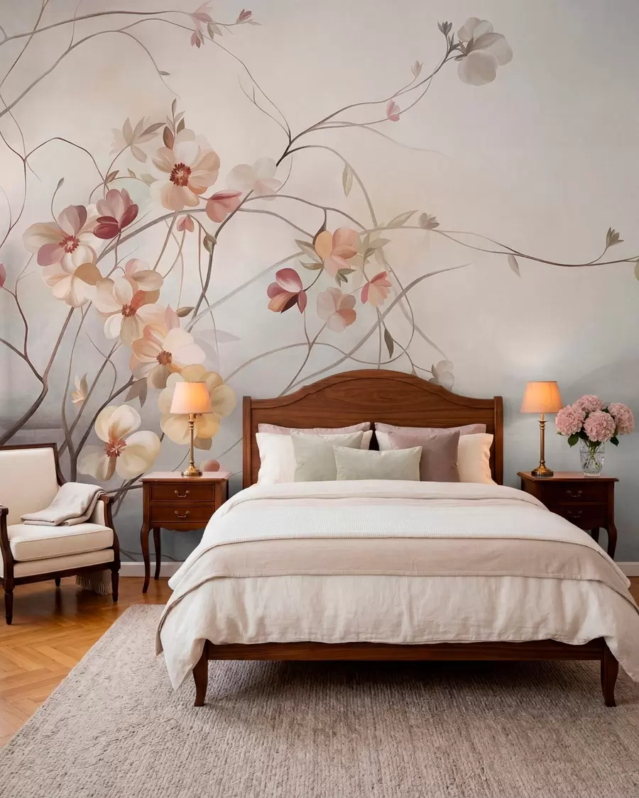 murales de pared Enredaderas con delicadas flores de color melocotón y crema w10083