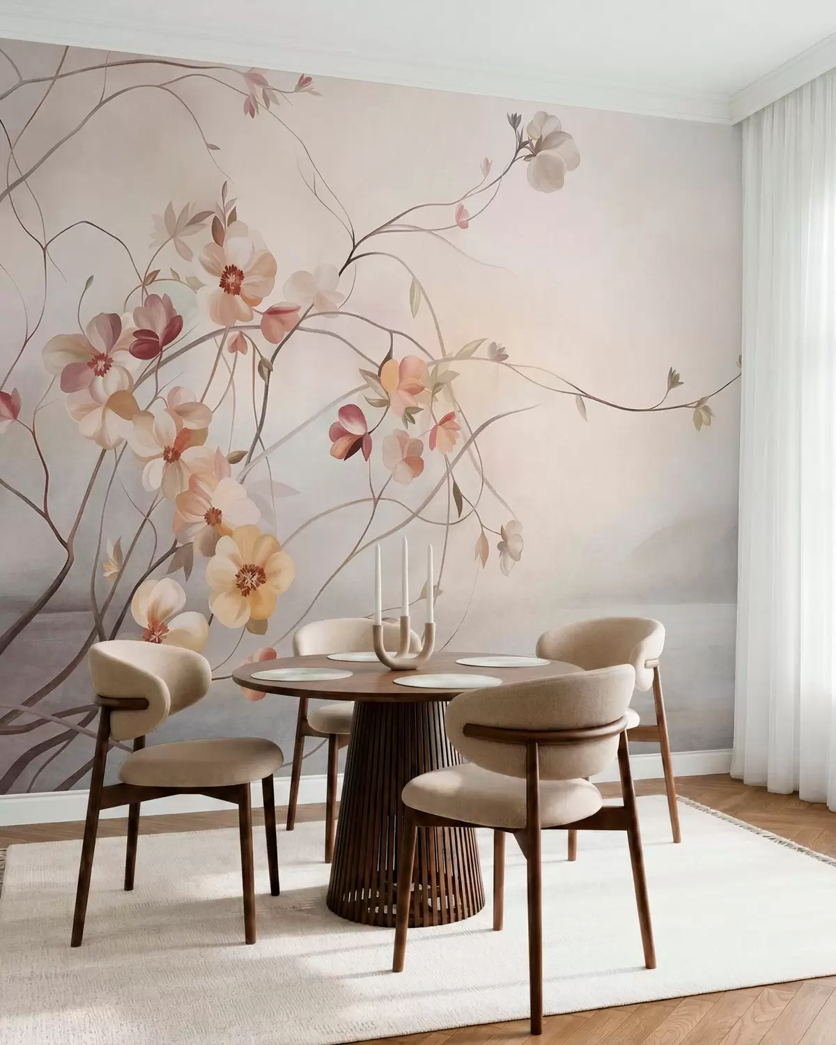 murales de pared Enredaderas con delicadas flores de color melocotón y crema w10083