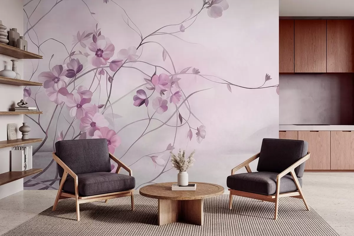 murales de pared Enredaderas sinuosas con delicadas flores de color rosa apagado w10083v1