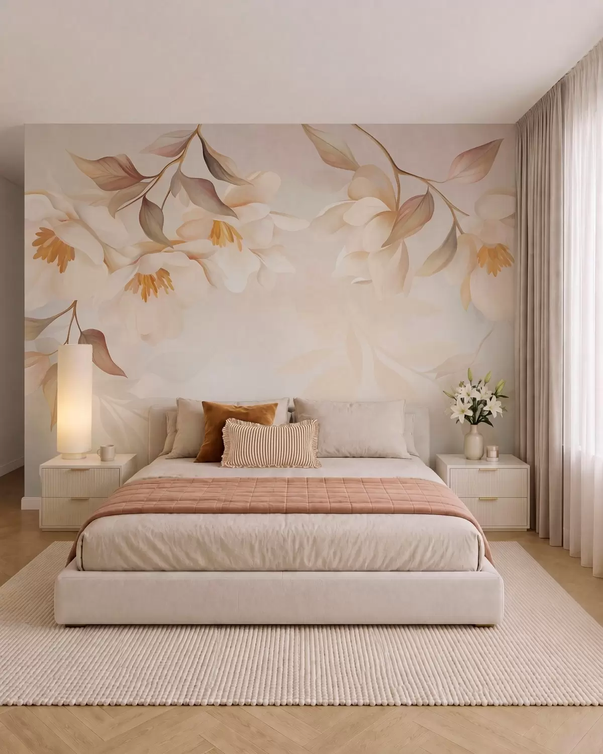 murales de pared Flores de magnolia con delicadas hojas marrones que cuelgan de las ramas w10086