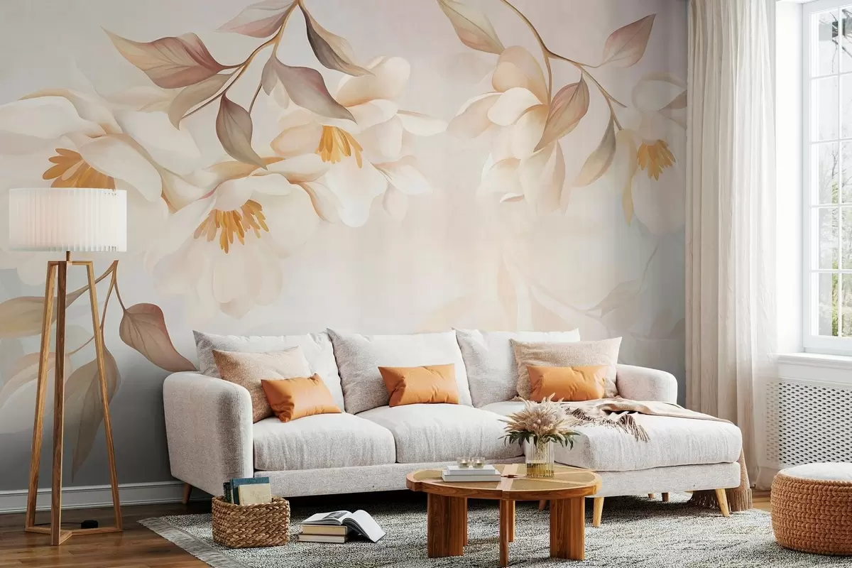 murales de pared Flores de magnolia con delicadas hojas marrones que cuelgan de las ramas w10086