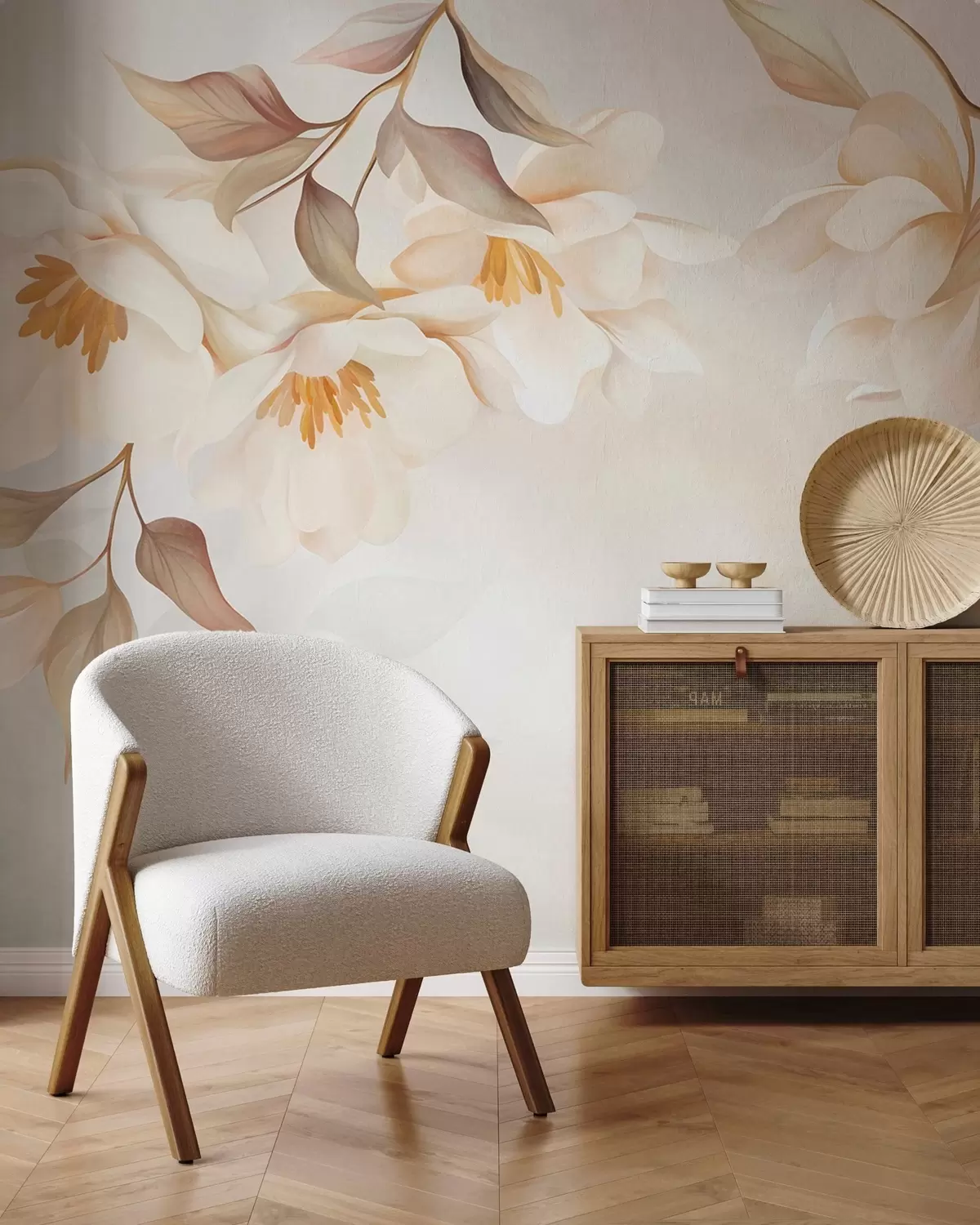 murales de pared Flores de magnolia con delicadas hojas marrones que cuelgan de las ramas w10086