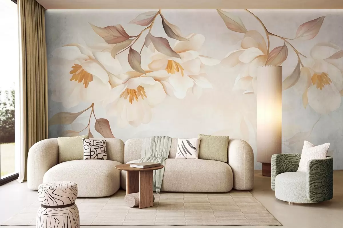 murales de pared Flores de magnolia con delicadas hojas marrones que cuelgan de las ramas w10086