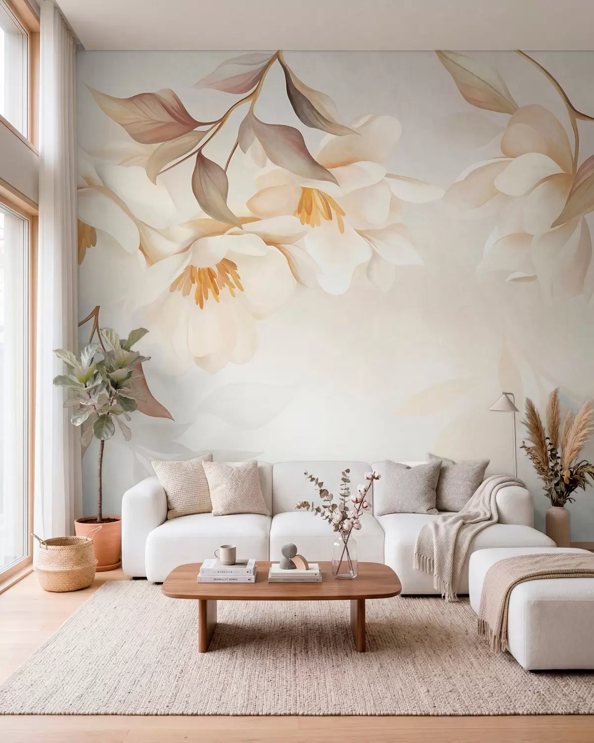 murales de pared Flores de magnolia con delicadas hojas marrones que cuelgan de las ramas w10086