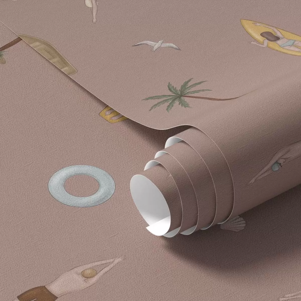 Papel pintado Nadadores, delfines y motivos tropicales sobre un fondo rosa a01275v1