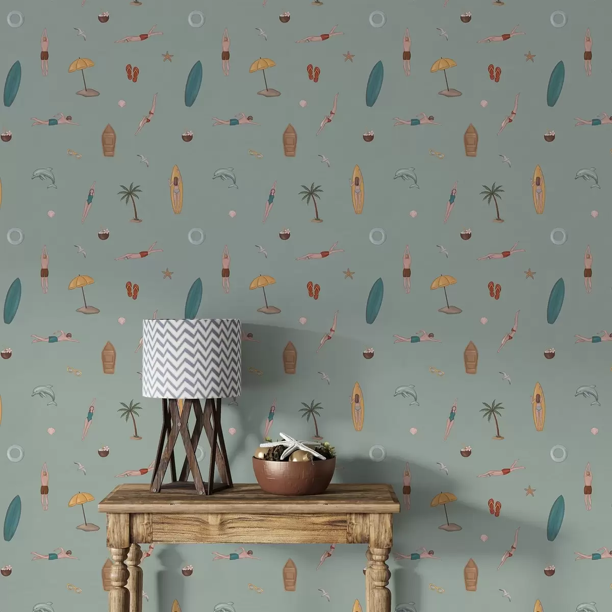 Papel pintado Nadadores, delfines y accesorios de playa sobre un fondo verde a01275v2