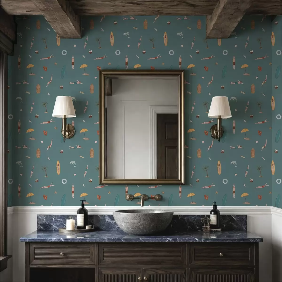 Papel pintado Nadadores, delfines y motivos tropicales sobre un fondo verde azulado oscuro a01275v3