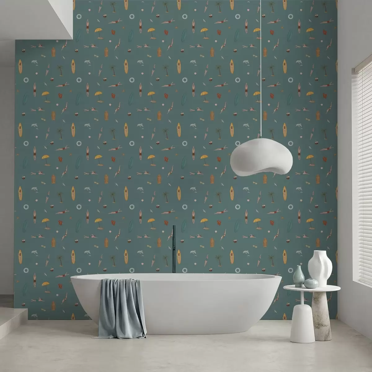 Papel pintado Nadadores, delfines y motivos tropicales sobre un fondo verde azulado oscuro a01275v3