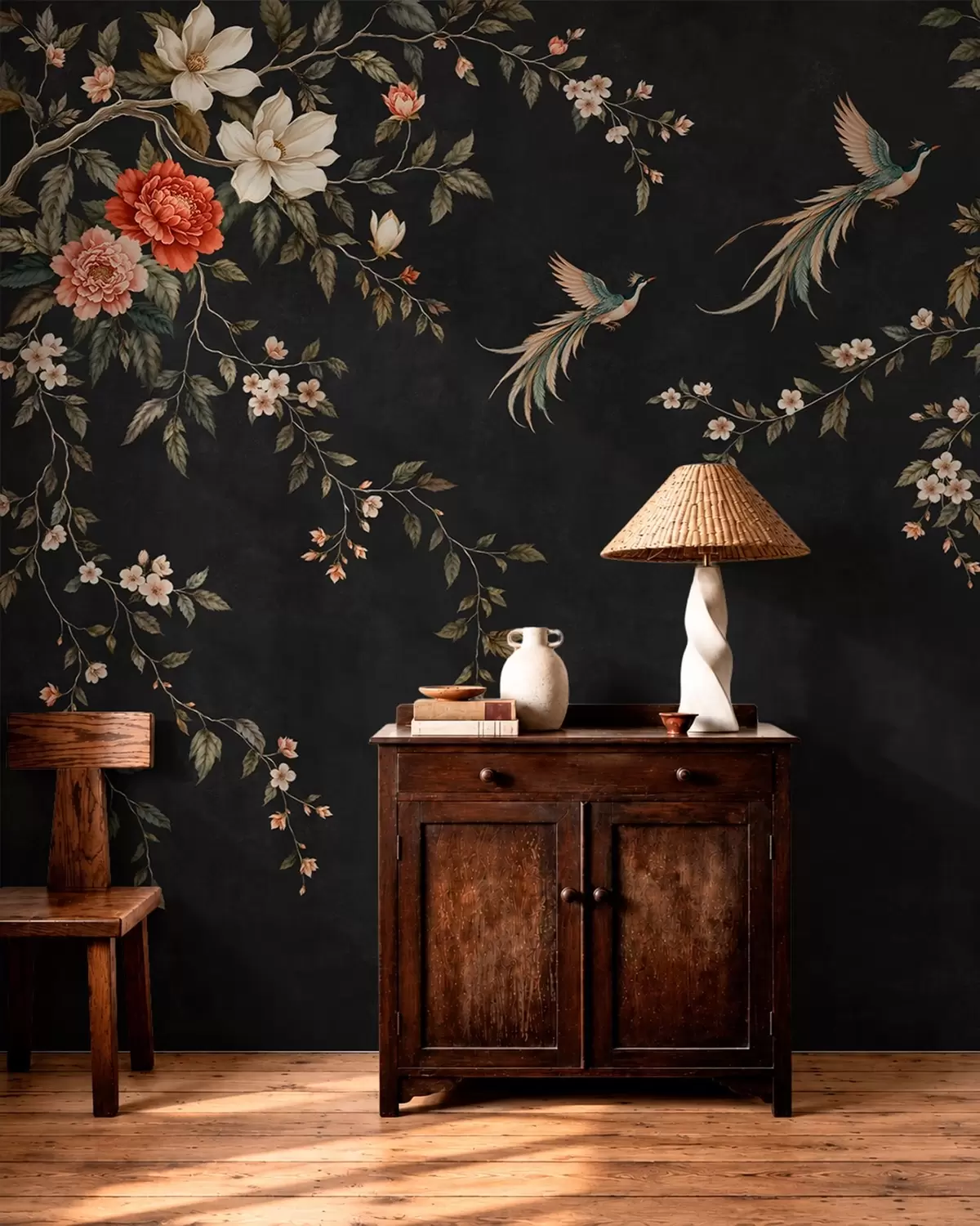 murales de pared Ramas en flor y aves exóticas sobre un fondo oscuro w05955v1