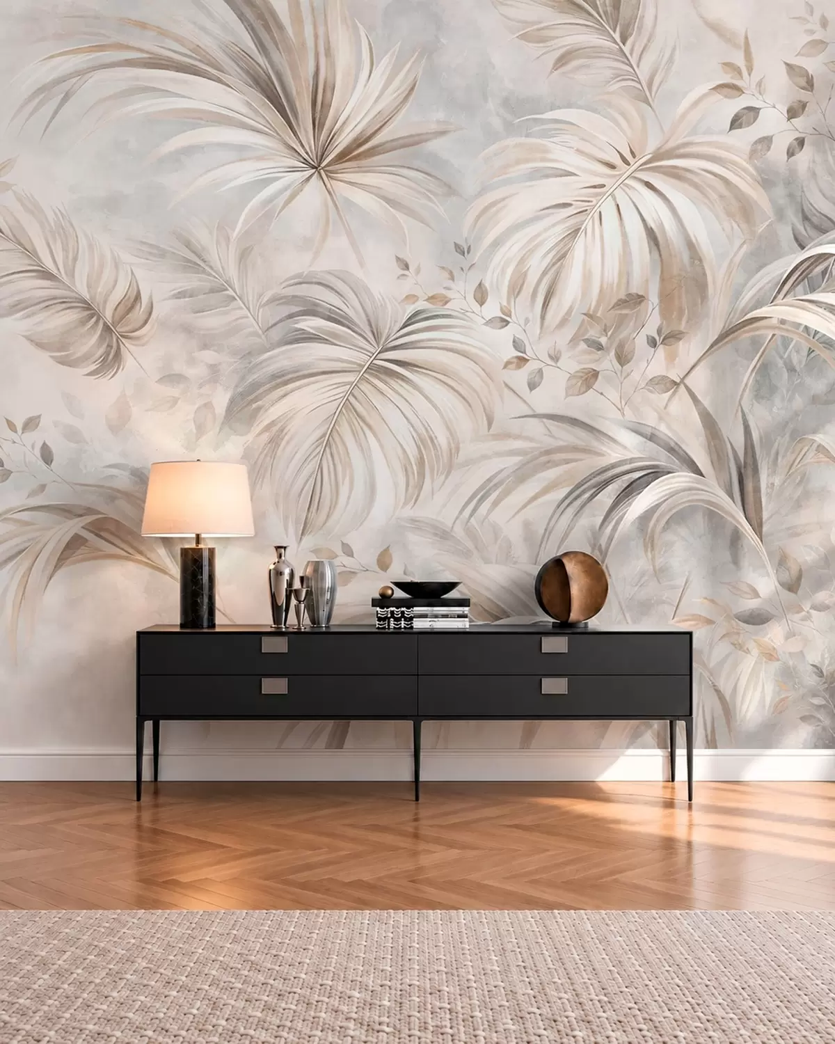 murales de pared Follaje tropical en suaves tonos beige y grises w05956