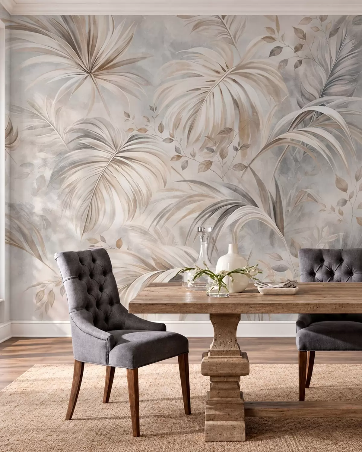 murales de pared Follaje tropical en suaves tonos beige y grises w05956