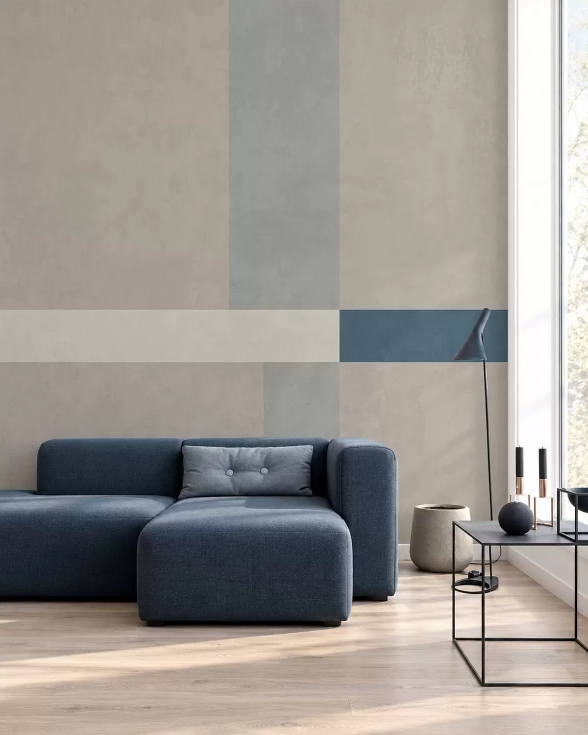 murales de pared Rectángulos abstractos en tonos beige y gris con un toque de azul w05891v2