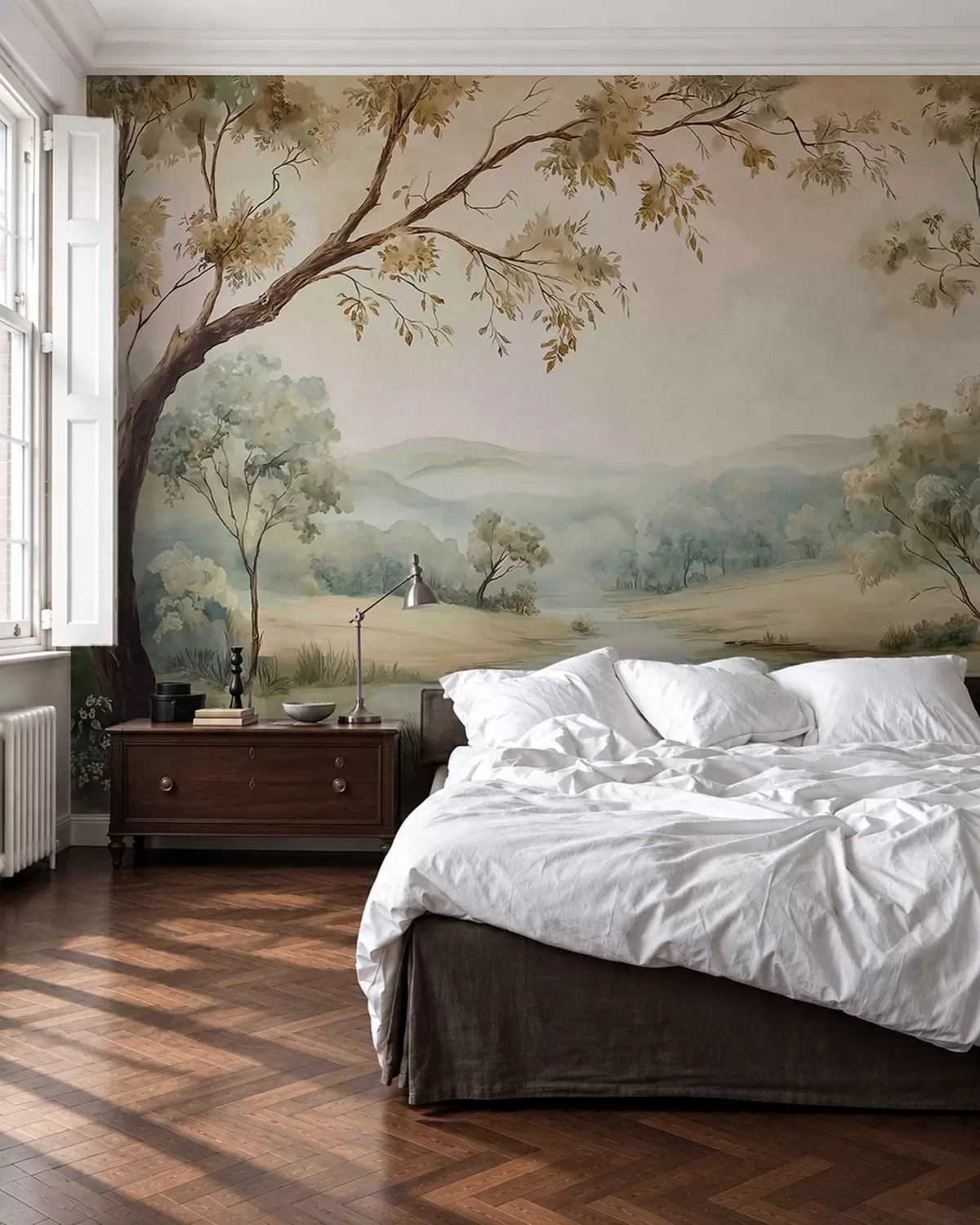 murales de pared Delicado paisaje con árboles, un lago y colinas en la lejanía w05957