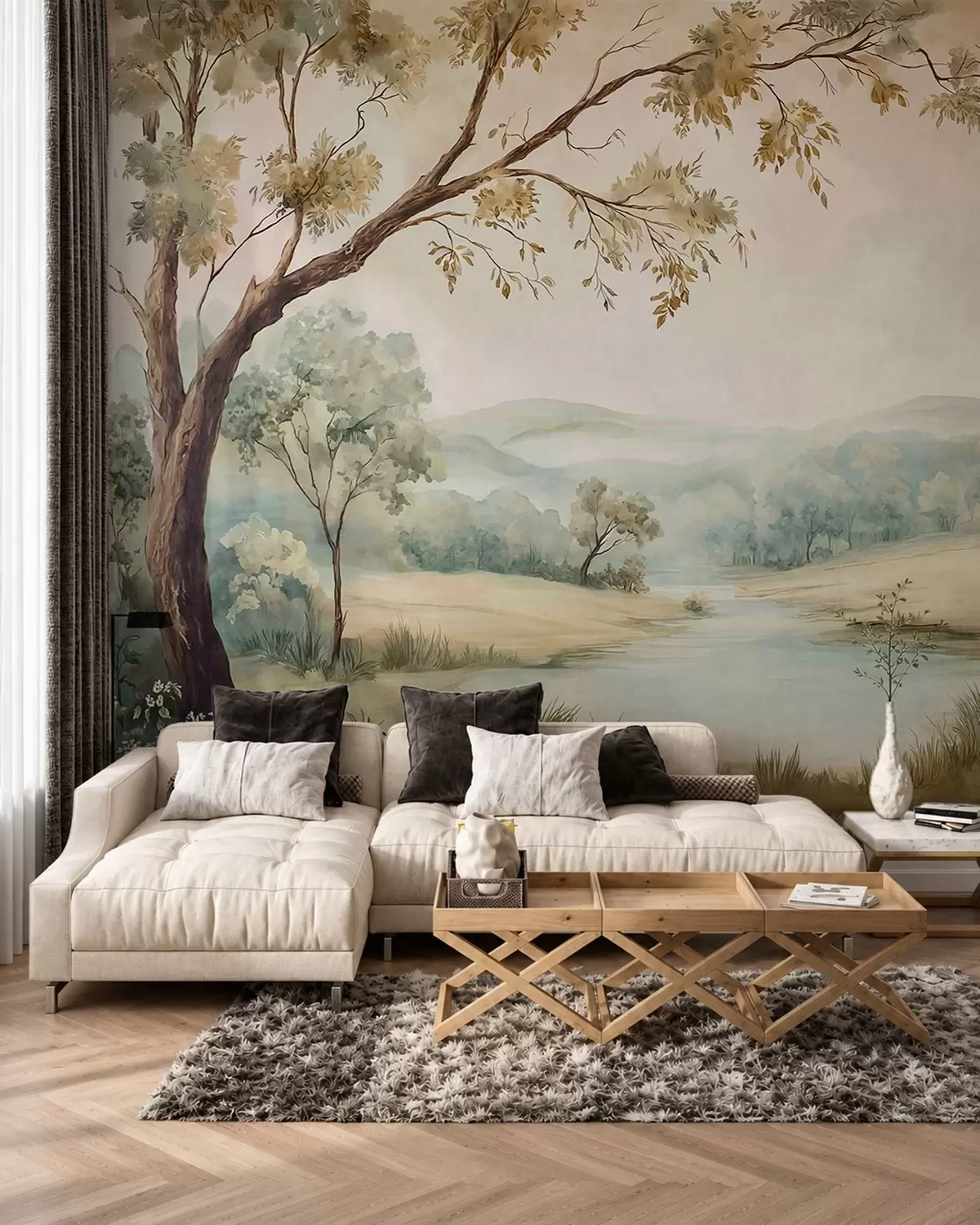 murales de pared Delicado paisaje con árboles, un lago y colinas en la lejanía w05957