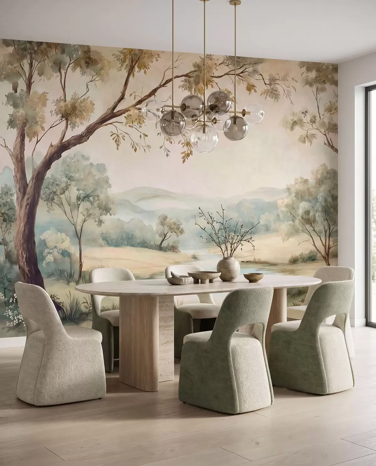 murales de pared Delicado paisaje con árboles, un lago y colinas en la lejanía w05957