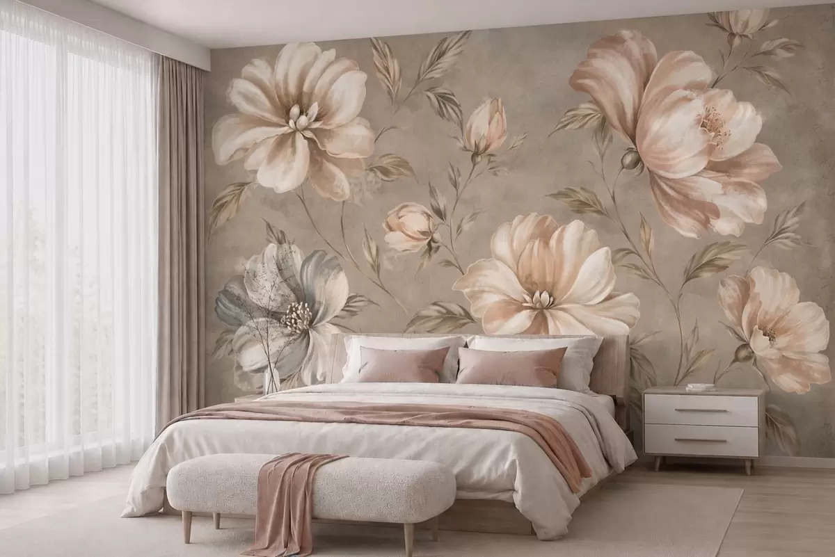 murales de pared Grandes flores de color crema y beige con hojas w05958