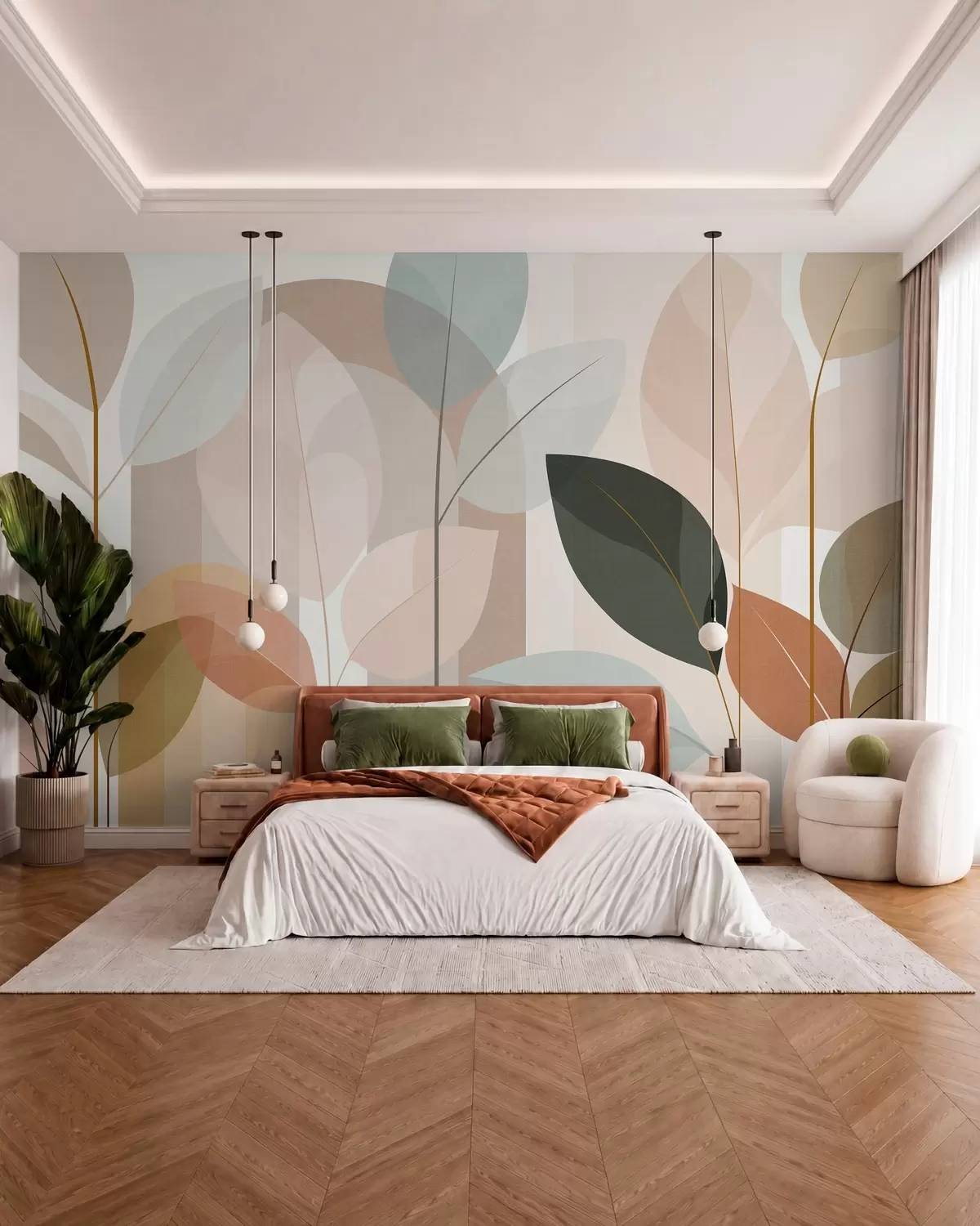 murales de pared un diseño abstracto con motivos de hojas en un estilo de tejido mate, en tonos beige, terracota y melocotón w05986