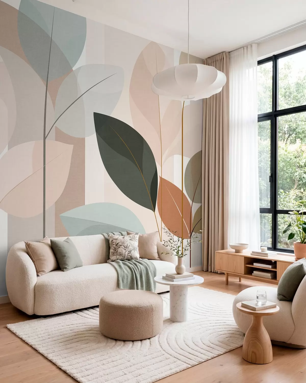 murales de pared un diseño abstracto con motivos de hojas en un estilo de tejido mate, en tonos beige, terracota y melocotón w05986